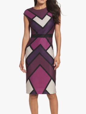 Vince Camuto Purple Geometric Cap-Sleeve Sheath Midi Dress - 2